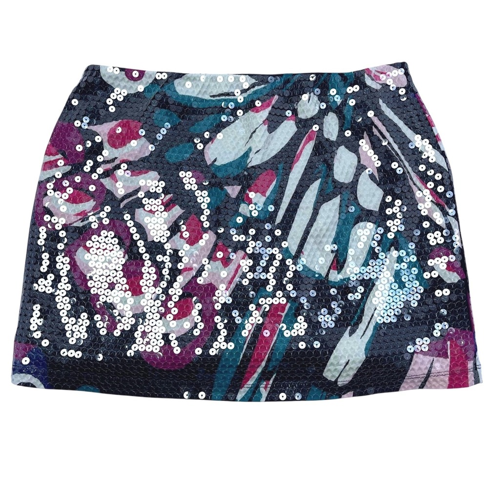 Y2K Express Sequin Mini Skirt Sz 2 Stretch Dark Floral Pattern‎ Party 2008